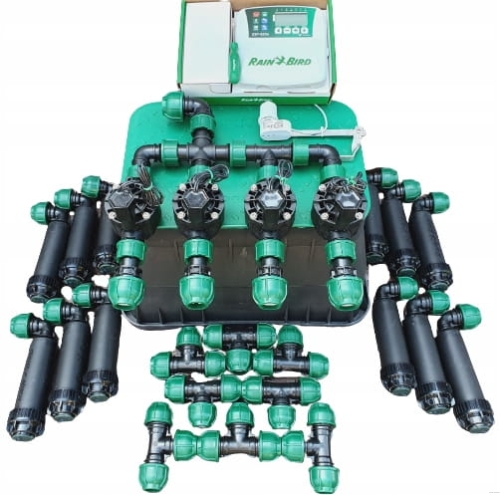 Zestaw nawadniania ogrodu RAIN BIRD na kolektorach - 4 sekcje + 12 zraszaczy sterownik wewnętrzny