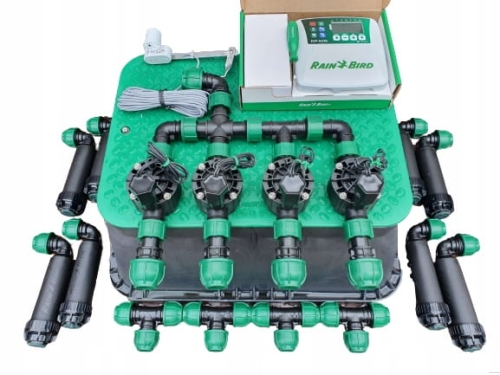 Zestaw nawadniania ogrodu RAIN BIRD na kolektorach - 4 sekcje + 8 zraszaczy sterownik wewnętrzny z możliwością rozbudowy o moduł WiFi