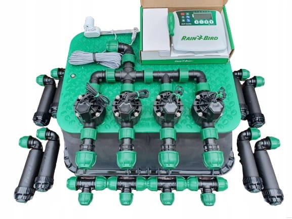 Zestaw nawadniania ogrodu RAIN BIRD na kolektorach - 4 sekcje + 8 zraszaczy sterownik wewnętrzny z możliwością rozbudowy o moduł WiFi