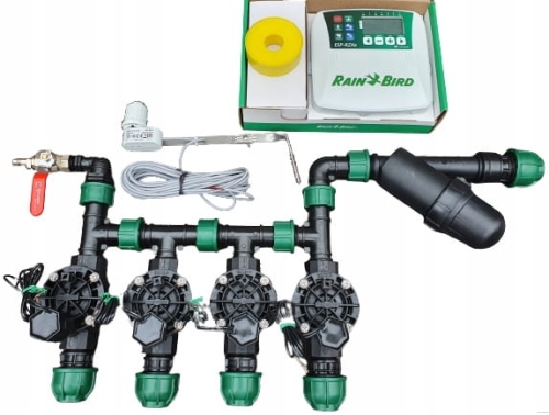 Zestaw nawadniania ogrodu Rain Bird do montażu wewnątrz budynku - 4 sekcje | filtr | przyłącze do kompresora | sterownik ESP-TM2 z możliwością rozbudowy o moduł Wi-Fi