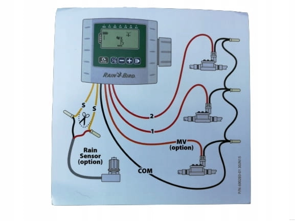 Sterownik Bateryjny ESP-9V Rain Bird - schemat podłączenia elektrozaworów i czujnika opadu deszczu