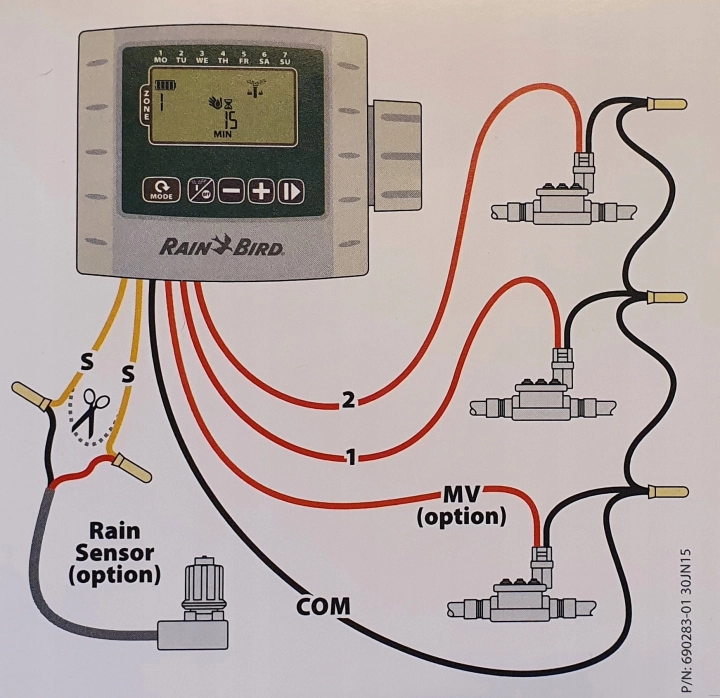 schemat podłączenia elektrozaworu i czujnika RSD-BEX do Sterownika Bateryjnego Rain Bird ESP-9V