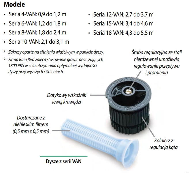 opis - Dysza regulowana zasięg 2,1m-3,1m 10-VAN Rain Bird do zraszacza wynurzalnego