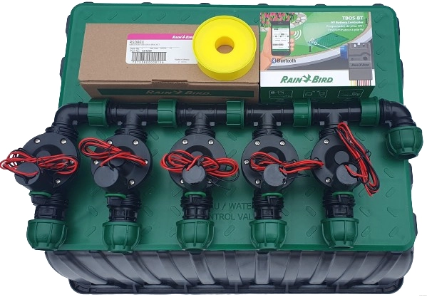 Bateryjny zestaw nawadniania ogrodu Rain Bird 5 sekcji 9V | Sterownik TBOS-BT