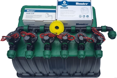 Bateryjny zestaw nawadniania ogrodu Hunter 6 sekcji 9V | Sterownik NODE