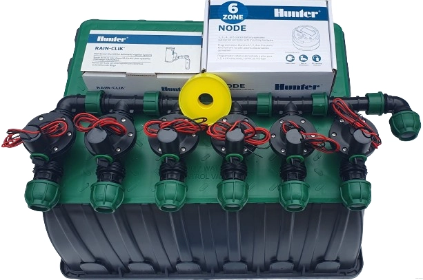 Bateryjny zestaw nawadniania ogrodu Hunter 6 sekcji 9V | Sterownik NODE