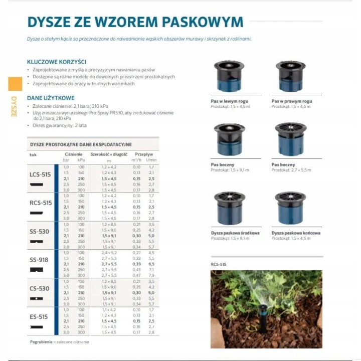 specyfikacja zasięgów Dysza prostokątna Hunter SS-530 | Do zraszania pas boczny | Zasięg 1,5 x 9,1 m