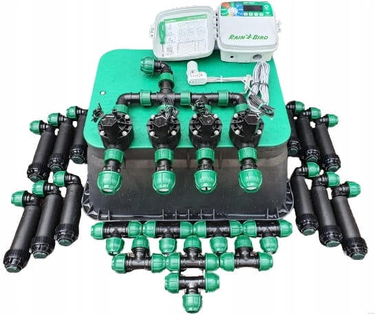 Zestaw nawadniania ogrodu RAIN BIRD 4 sekcje | Sterownik ESP-TM2 zewnętrzny | 12 zraszaczy