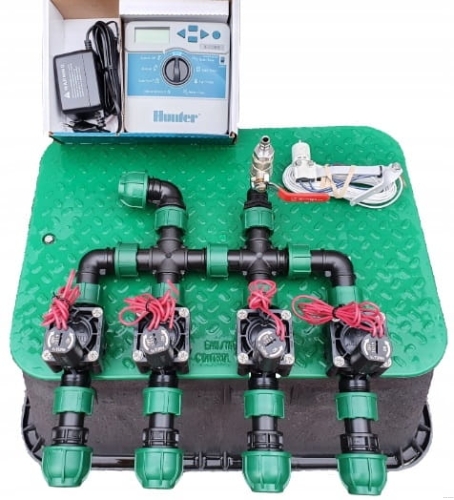 Zestaw nawadniania ogrodu HUNTER 4 sekcje na kolektorach | Sterownik X-Core | Przyłącze do kompresora