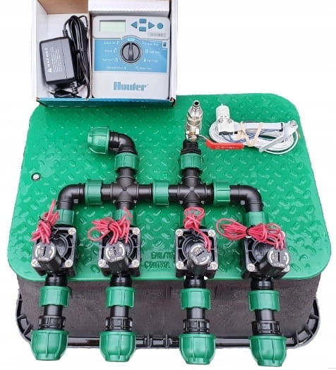 Zestaw nawadniania ogrodu HUNTER 4 sekcje na kolektorach | Sterownik X-Core | Przyłącze do kompresora