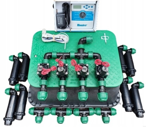 Zestaw nawadniania ogrodu HUNTER 4 sekcje na kolektorach | Sterownik X-Core | 8 x zraszacz PGP Ultra